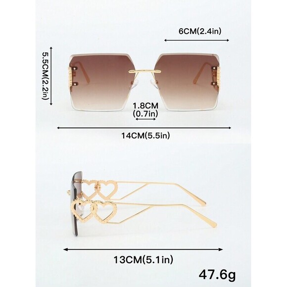 Metallic Rimless Square Glasses With Heart Detail, Y2k Style, Holi